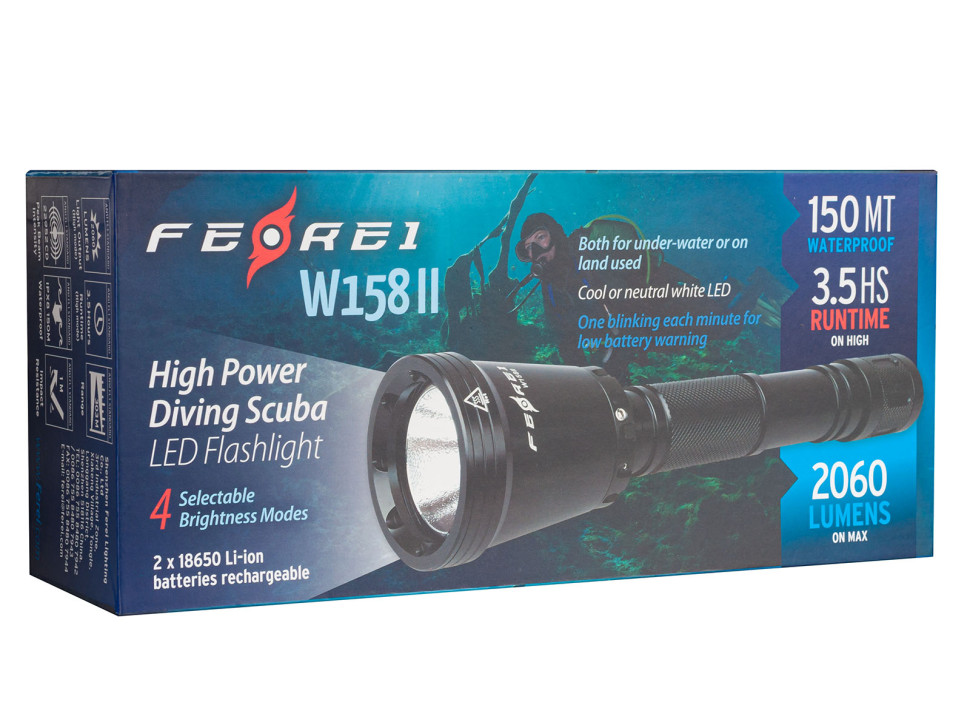 Фонарь FEREI W158II, белый свет, диод XHP50. Яркость: 2060Lm (заявлено производителем). Световой поток 5500 К. Вес 273 гр, размеры: 22,2*4,5*2,7 см. Типоразмер аккумуляторов: 2 х 18650. Переключатель — кольцевой магнитный. Зарядное устройство в комплекте.